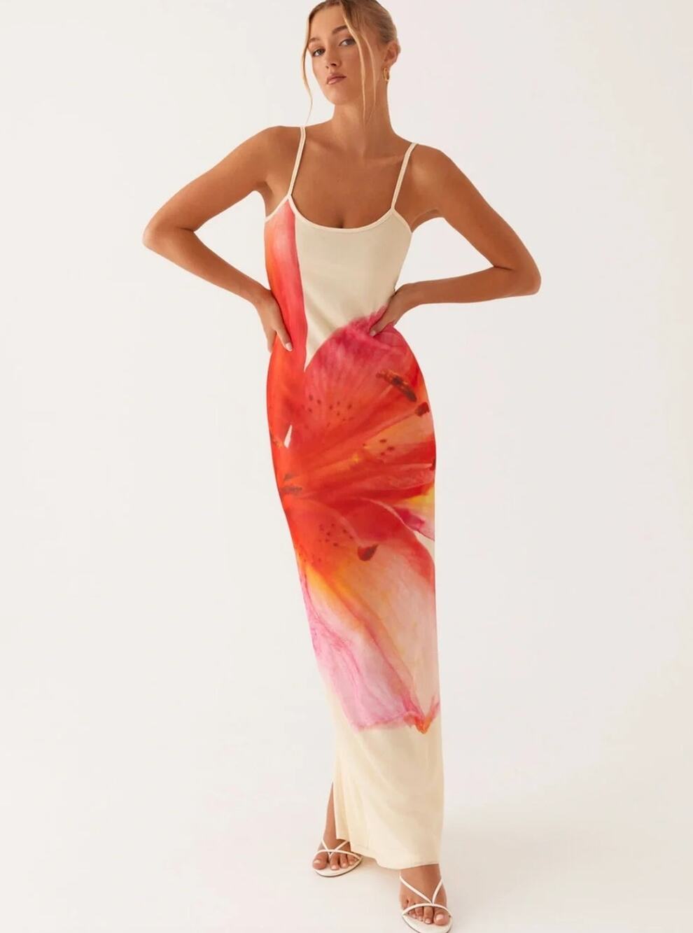 Peppermayo Pink Lily Floral Mesh Maxi Dress Cream Bodycon Size S